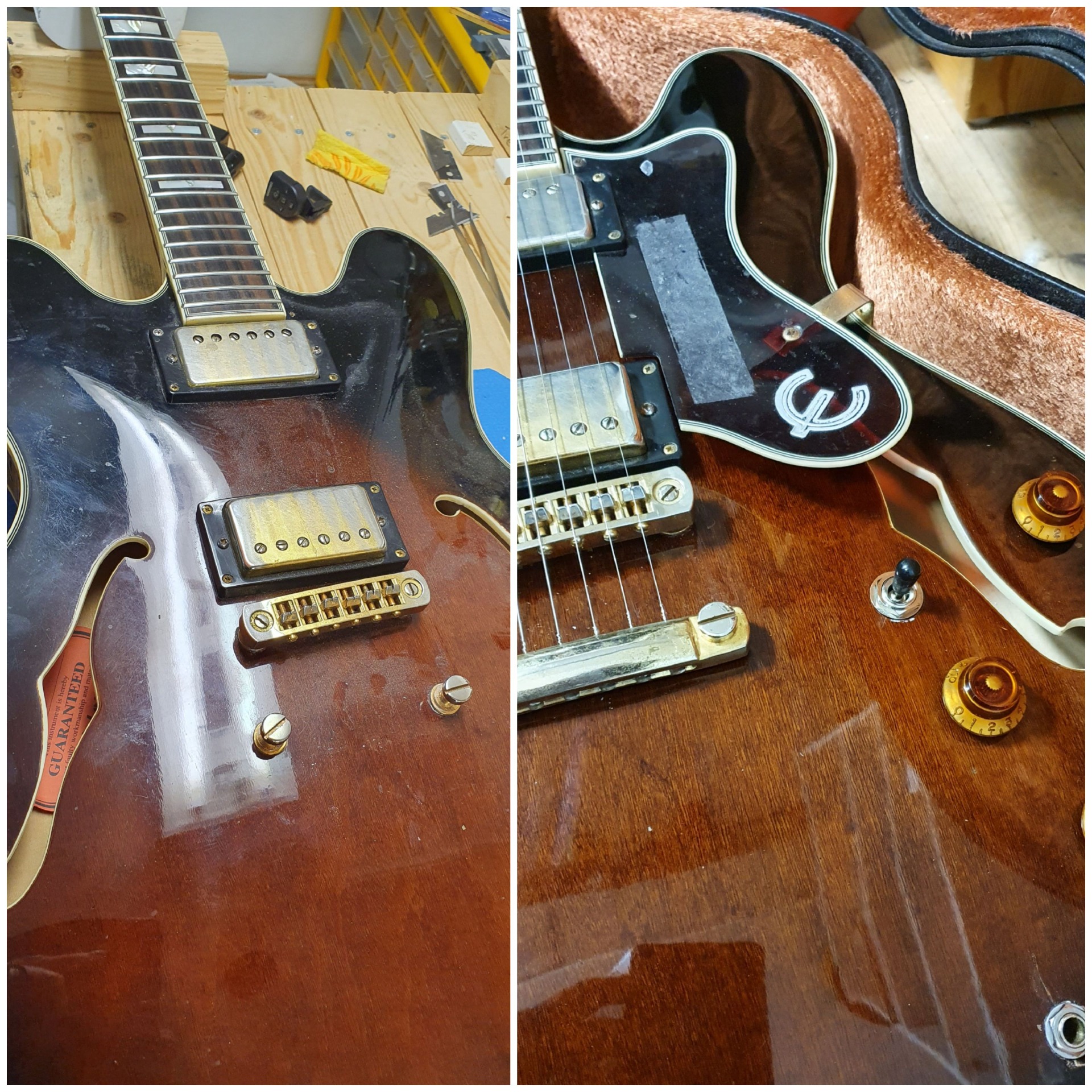 Rengöring, intonering, byte av switch och nya strängar.